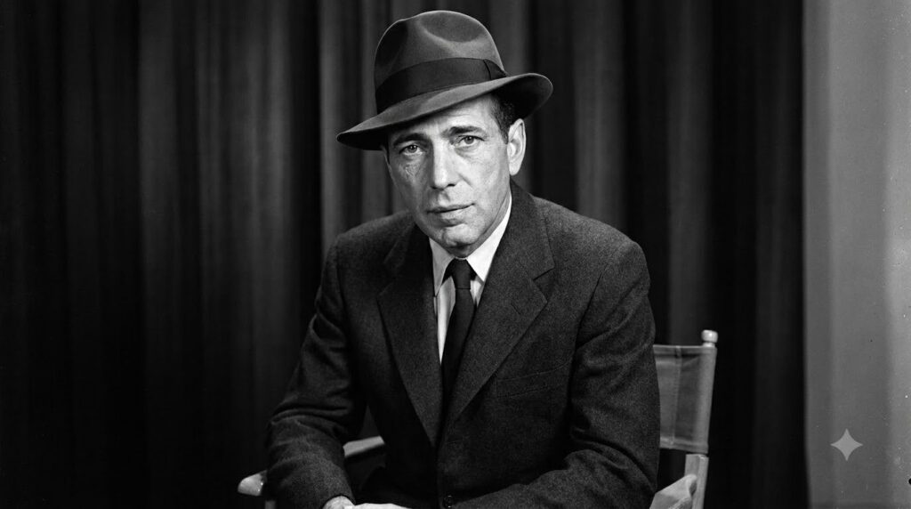 A classic black and white portrait of Humphrey Bogart possibly from his prime acting years looking serious or contemplat