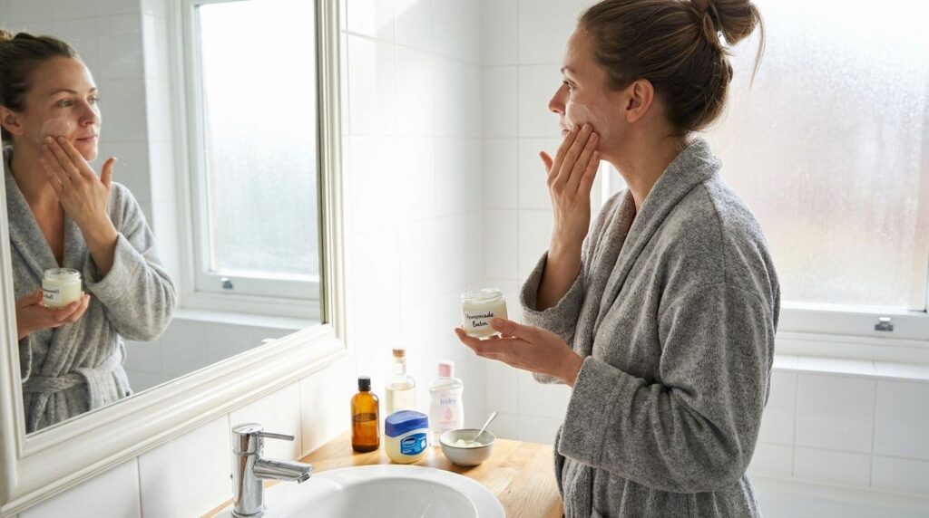 A person gently massaging a small amount of a Vaseline and baby oil mixture onto their cheek with their fingertips