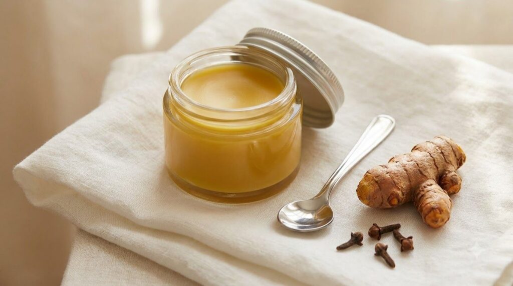 A small golden-yellow turmeric glass skin balm in a compact jar with a spoon next to a fresh turmeric root and whole clo