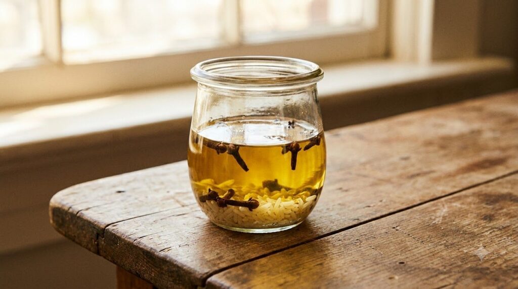 A small glass jar filled with golden infused oil containing submerged cloves and rice on a wooden table