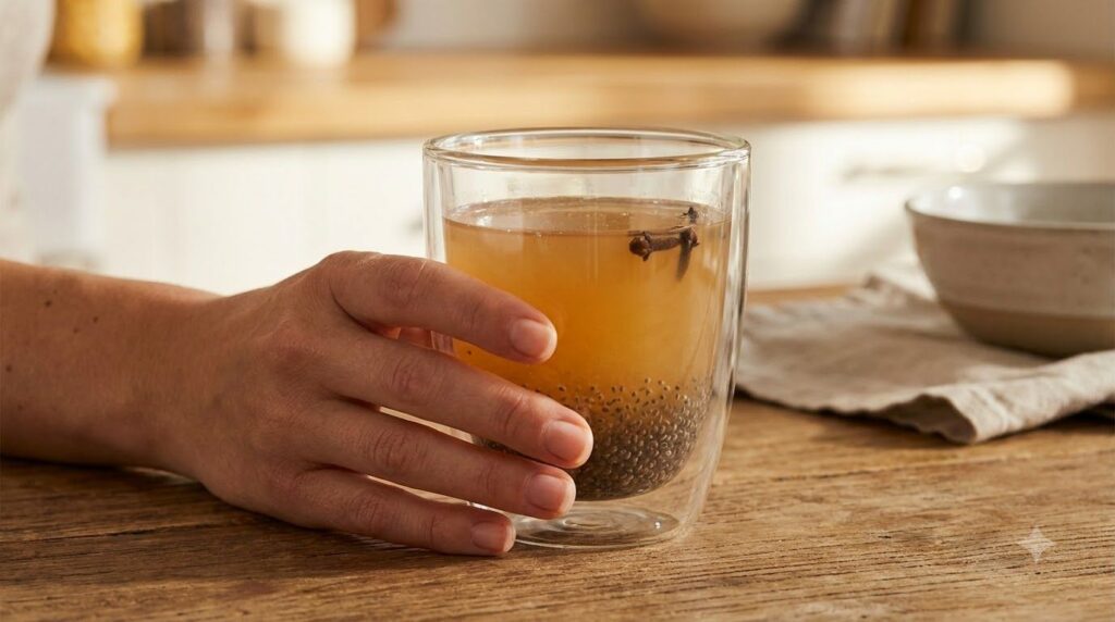 A hand holding a glass of the prepared collagen chia clove drink ready to be consumed with a soft focus background
