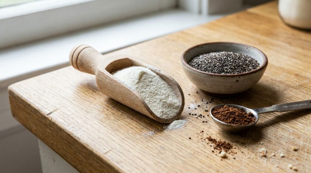 Individual ingredients collagen powder in a scoop chia seeds in a small bowl and ground cloves in a measuring spoon arra