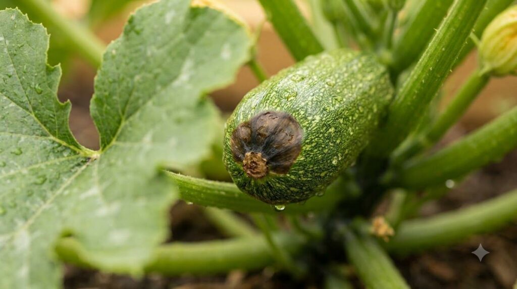 Zucchini fruit showing blossom end rot with a dark sunken spot on the bottom