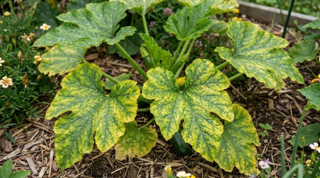 Zucchini plant with yellowing leaves showing signs of nutrient deficiency or overwatering