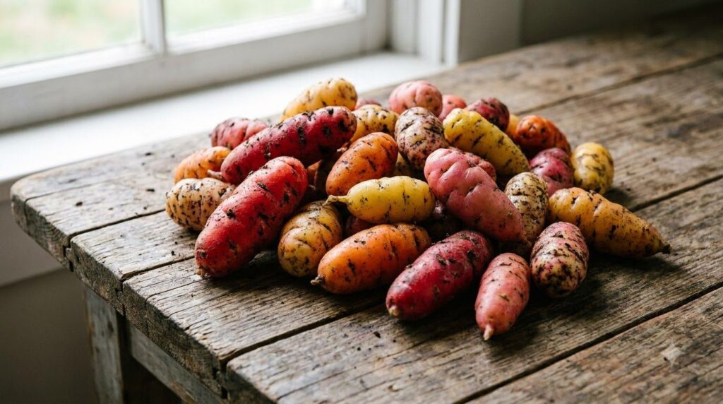 Close-up of freshly harvested Oca tubers showing their vibrant colors pink yellow red and unique shapes displayed on a w