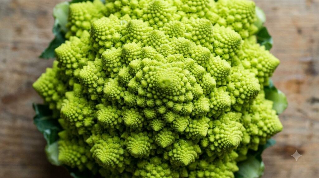 A close-up shot of a single Romanesco broccoli head highlighting its intricate fractal-like geometric pattern and vibran