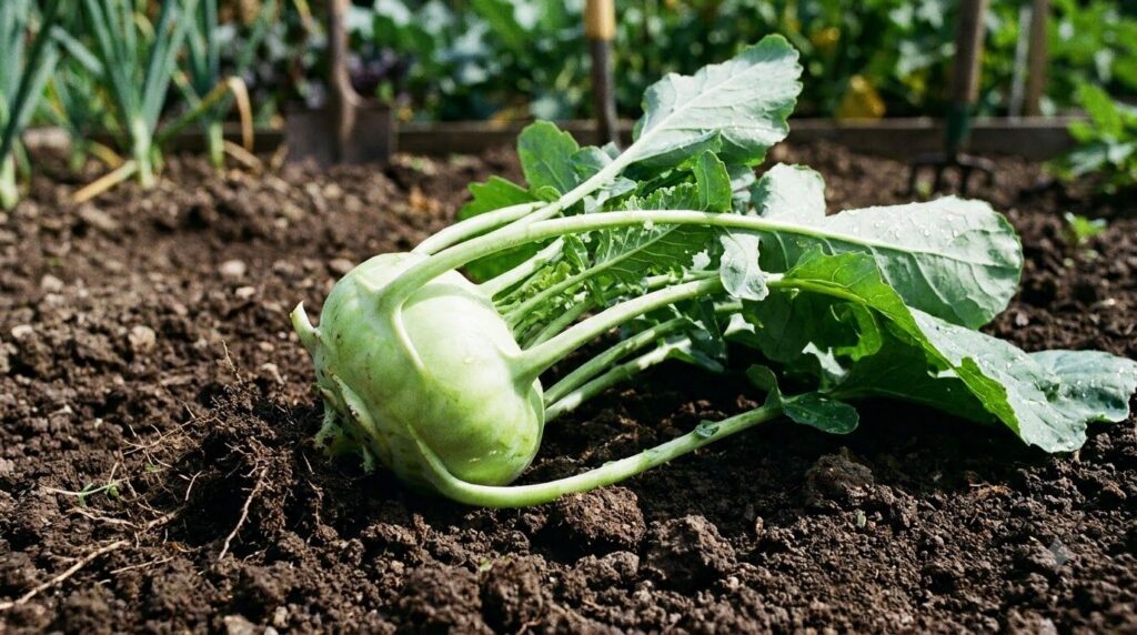A whole freshly harvested green kohlrabi bulb with its leaves still attached sitting on a bed of garden soil