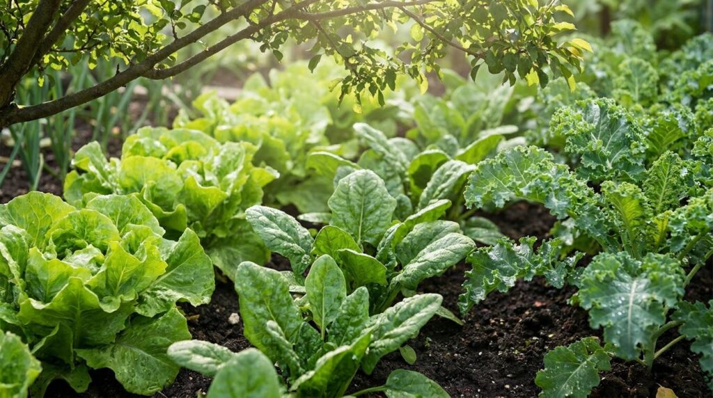 A vibrant and lush vegetable garden patch thriving in a partially shaded area under dappled light from trees showcasing 