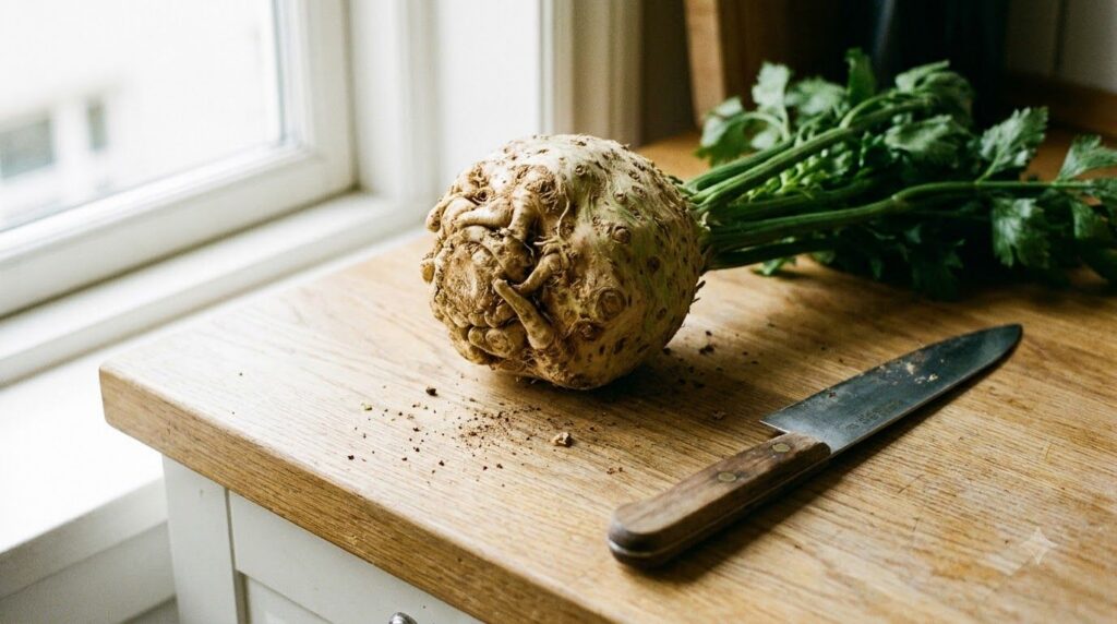 A large earthy celeriac root with some of its knobby exterior and leafy top visible placed on a rustic kitchen counter w