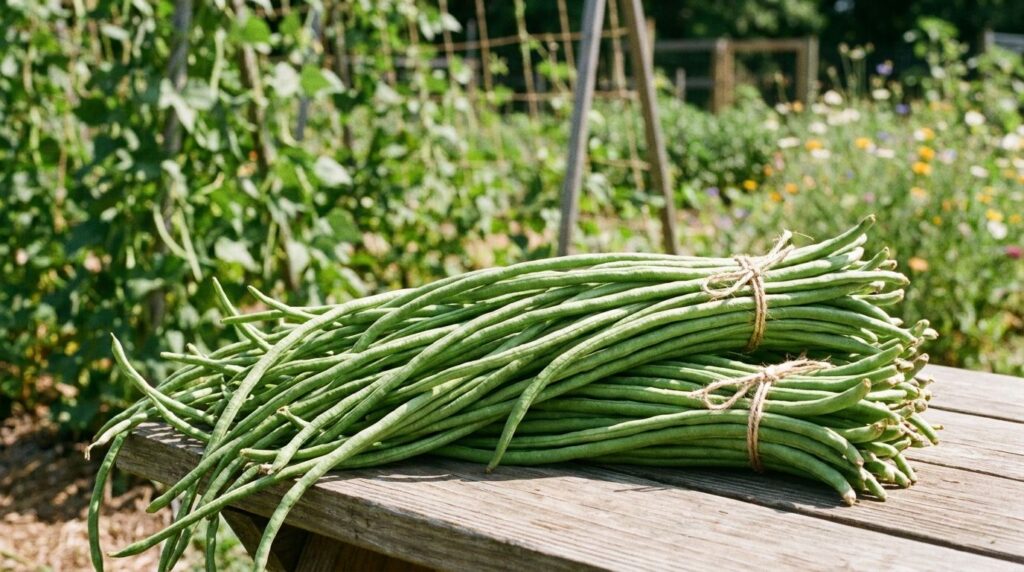 A bundle of long slender yardlong beans dark green in color freshly picked and tied together against a blurred garden ba