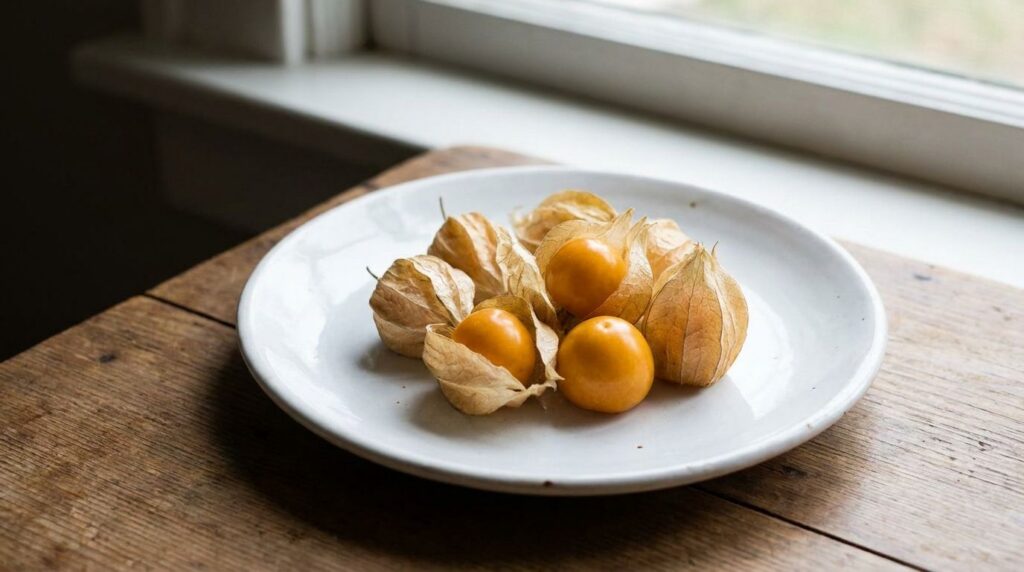 A small handful of ripe ground cherries some still in their papery husks and others peeled showing their golden-yellow c
