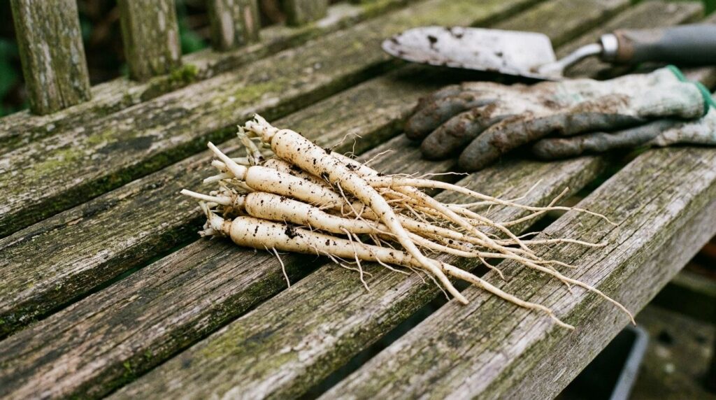 A cluster of freshly dug skirret roots white and slender like small parsnips with some soil clinging to them on a garden