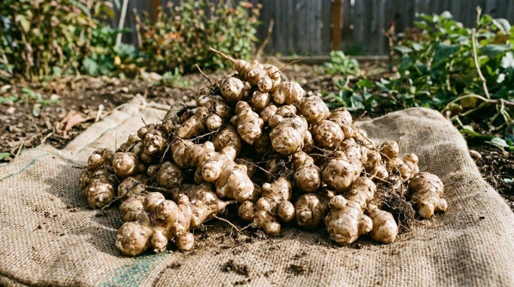 A pile of freshly harvested sunchoke tubers irregular in shape and light brown on a burlap sack