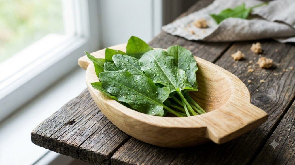 A small bunch of fresh sorrel leaves bright green and distinctly arrow-shaped placed in a wooden bowl with water droplet