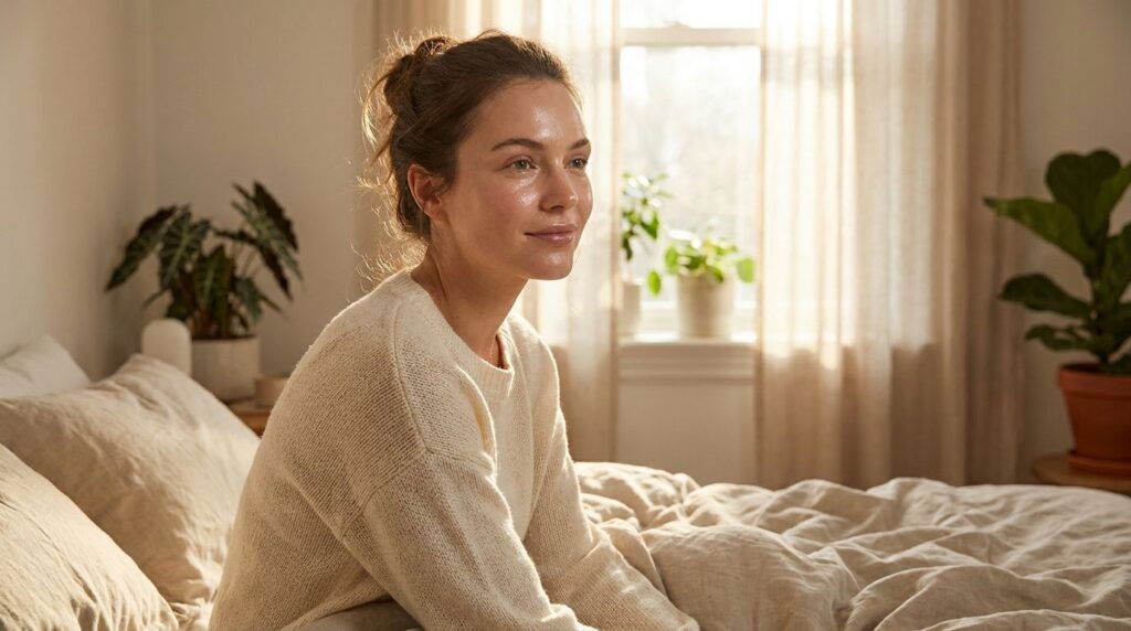 A woman waking up in the morning looking refreshed with glowing skin sunlight filtering through a window