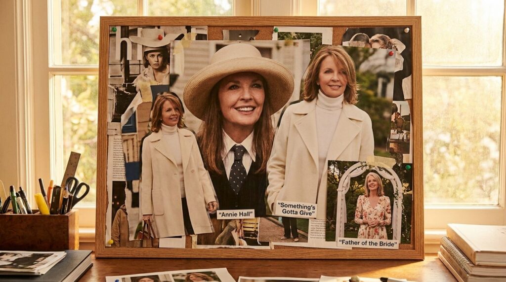 A collage of iconic movie posters or stills featuring Diane Keaton in some of her most famous roles such as Annie Hall F