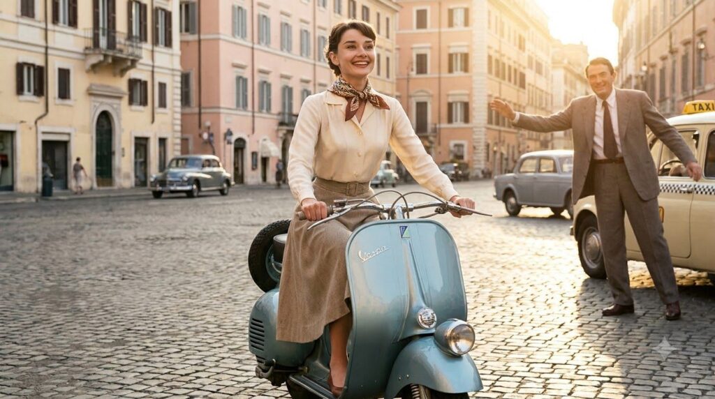 Audrey Hepburn in a scene from Roman Holiday riding a Vespa