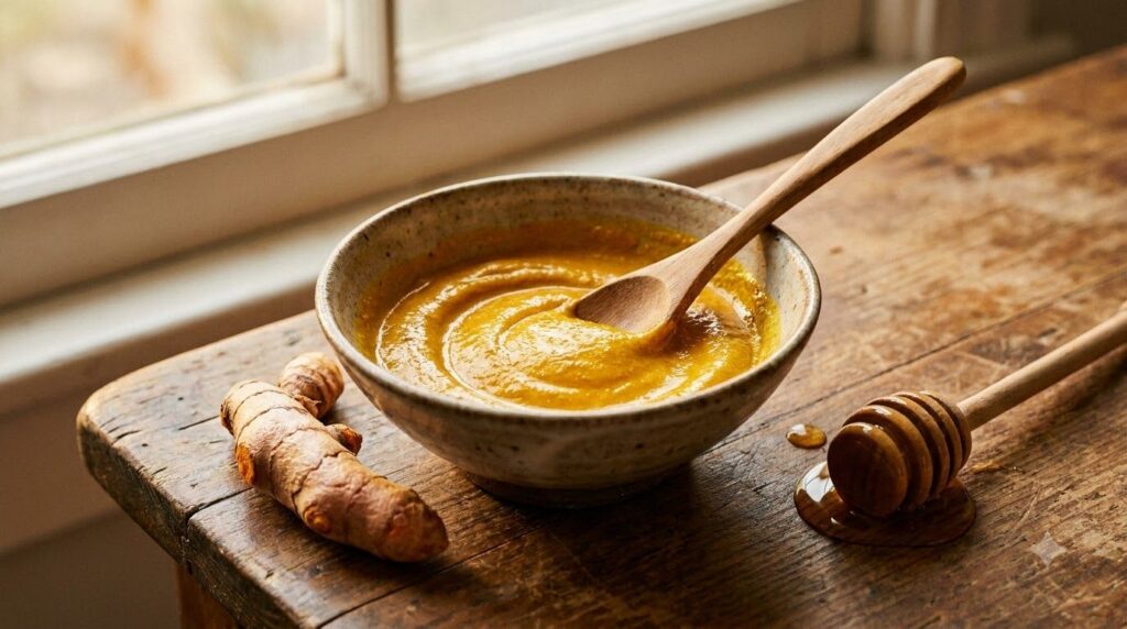 A close-up shot of a creamy golden turmeric and honey face mask in a small bowl with a wooden spoon and fresh turmeric r