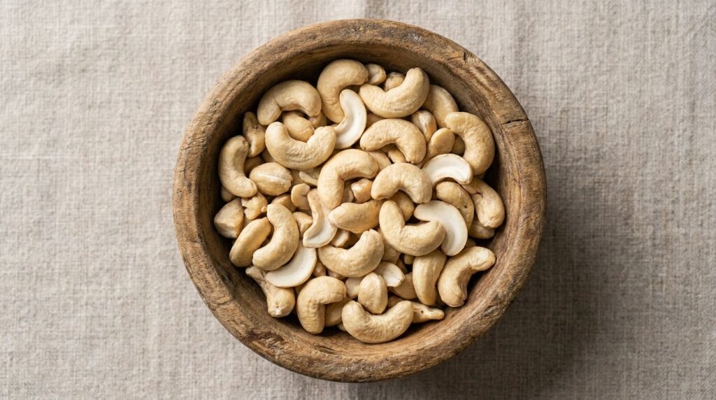 A small bowl filled with raw cashews highlighting their rich creamy texture and unique shape