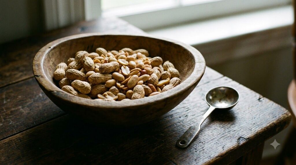 A bowl of roasted peanuts next to a measuring spoon highlighting their protein content