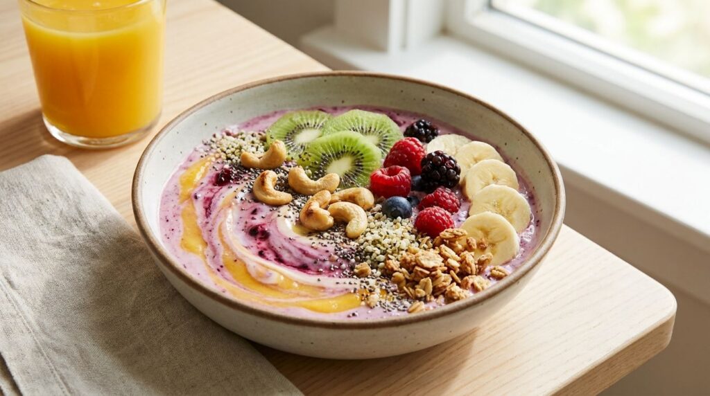 A vibrant healthy breakfast bowl topped with various seeds and nuts including cashews and hemp seeds
