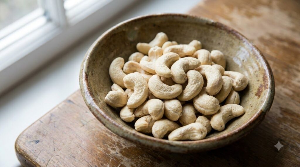 A close-up of a bowl of raw cashews showing their characteristic kidney shape and creamy color
