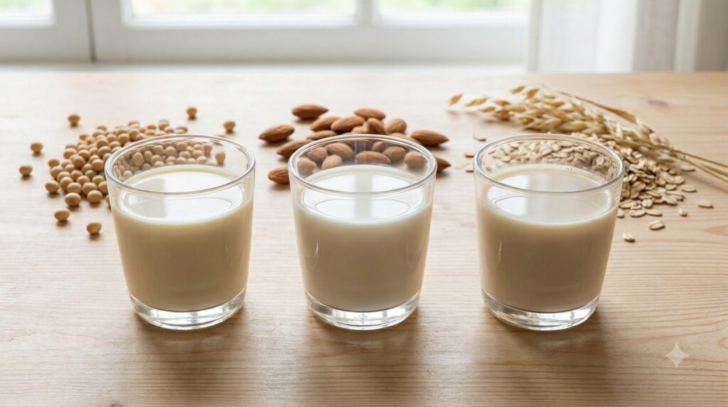 Three glasses of different plant-based milks e g soy almond oat with their respective source ingredients in the backgrou
