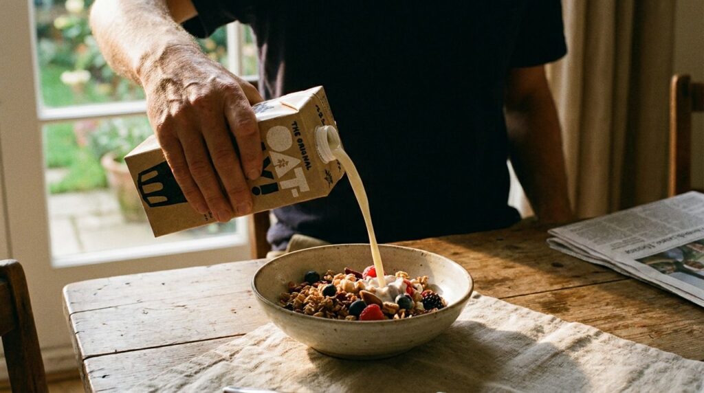 A person pouring oat milk into a bowl of cereal with a carton of oat milk visible in the background
