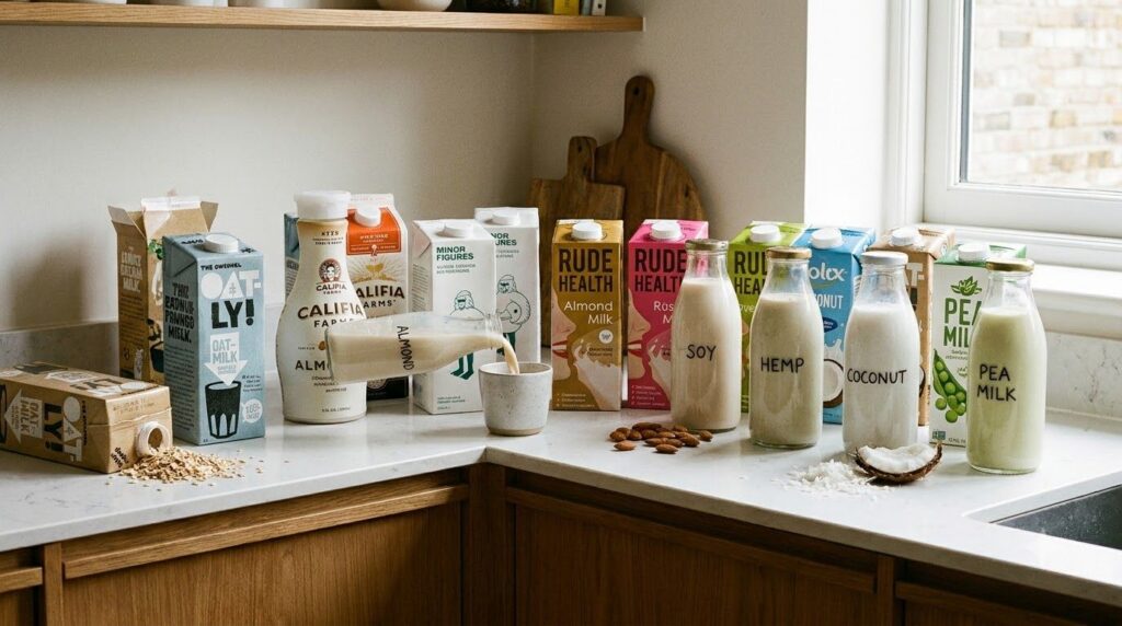 A variety of plant-based milk cartons and bottles arranged on a kitchen counter showcasing different brands and types of