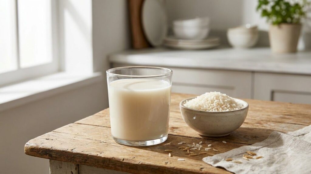 A glass of rice milk next to a bowl of rice grains