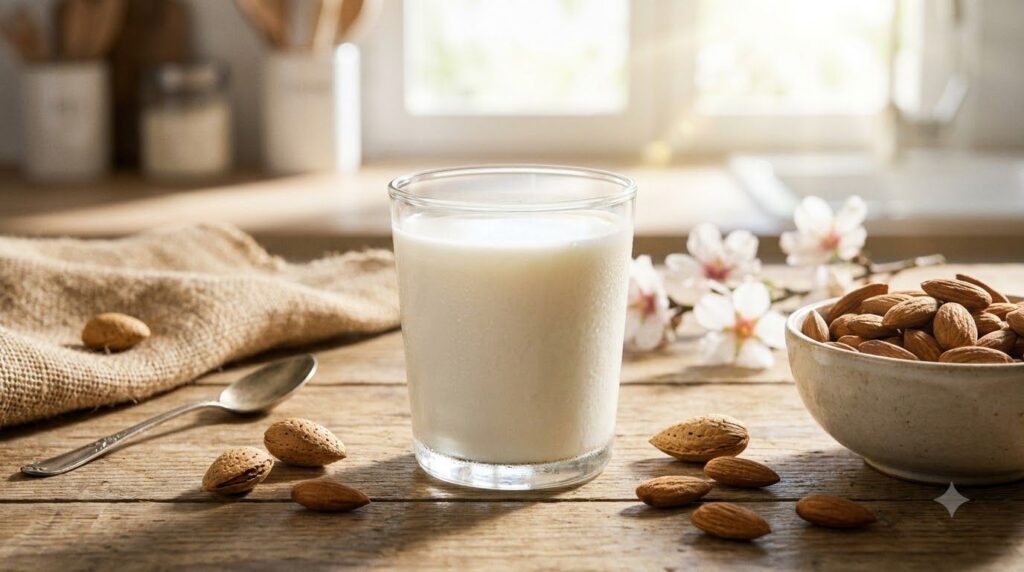 A glass of almond milk with a handful of almonds scattered around