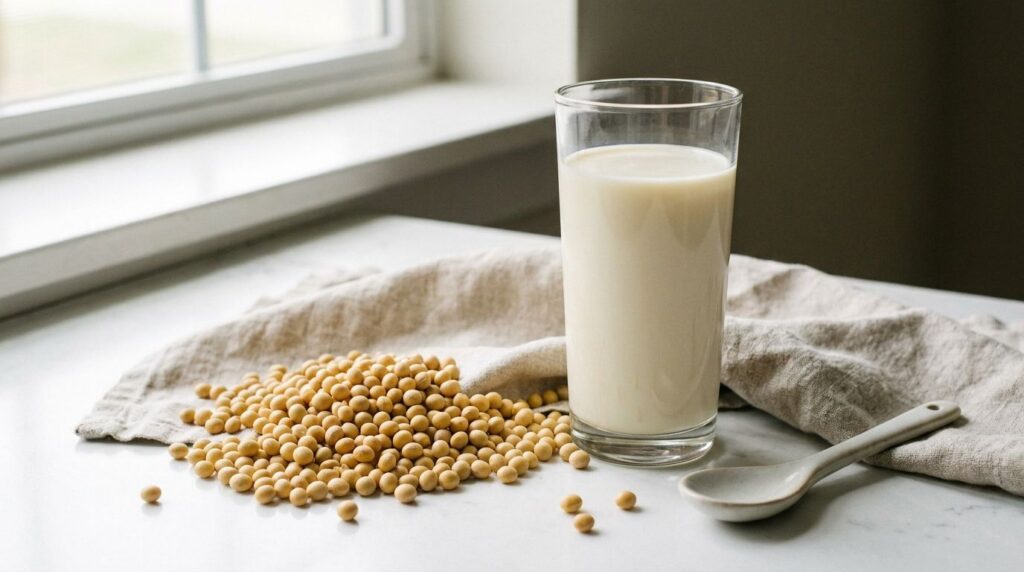 A glass of soy milk with dried soybeans in a small bowl