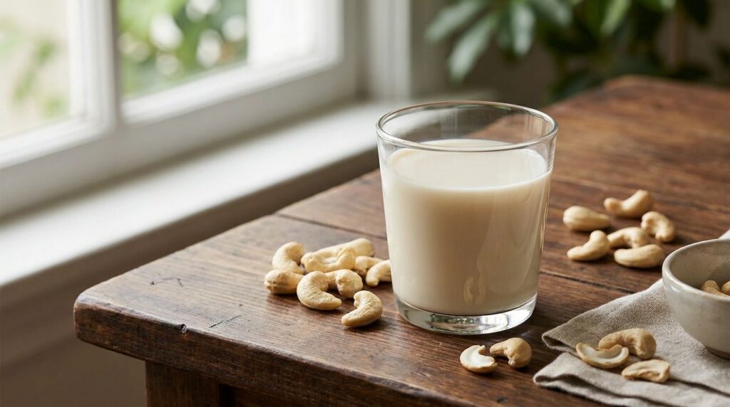 A glass of cashew milk with raw cashews scattered on a table