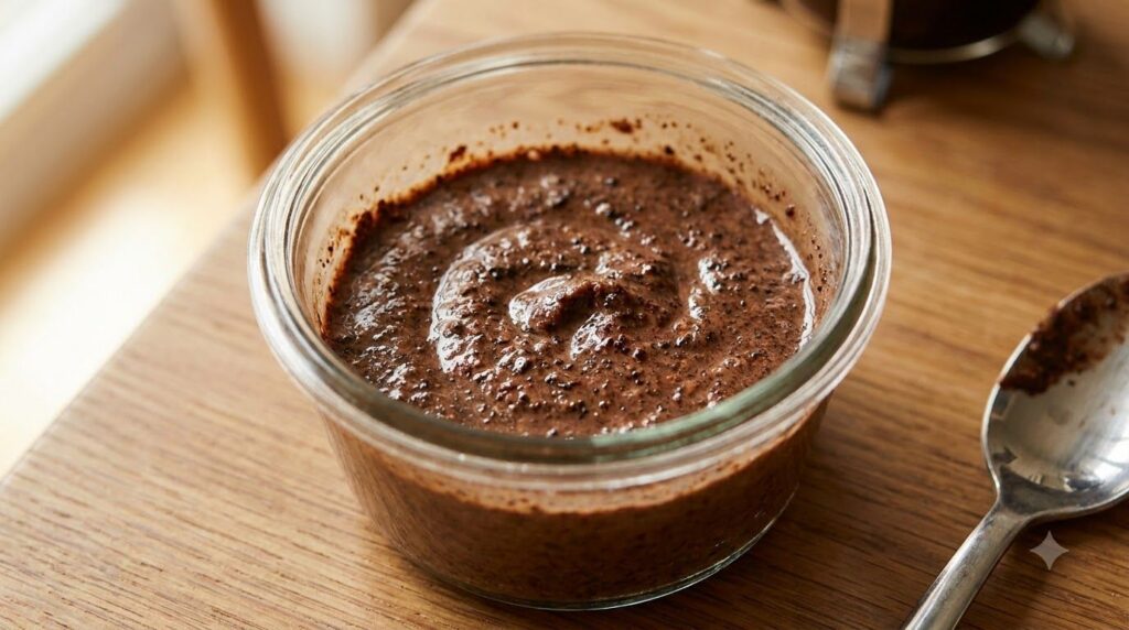 Close-up of a creamy brown mixture of Vaseline coffee and cocoa powder in a small glass bowl ready for application