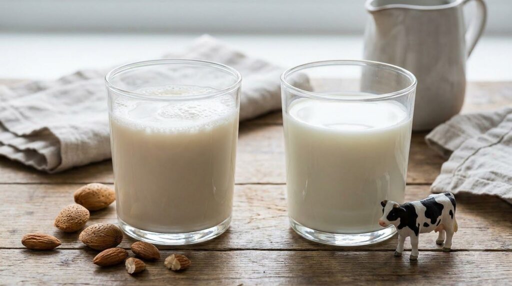 Two glasses one with almond milk and the other with cow milk surrounded by almonds and a small cow figurine highlighting