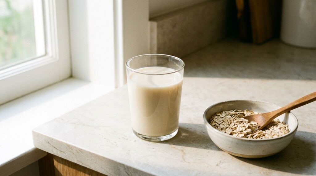 A glass of oat milk with a bowl of rolled oats