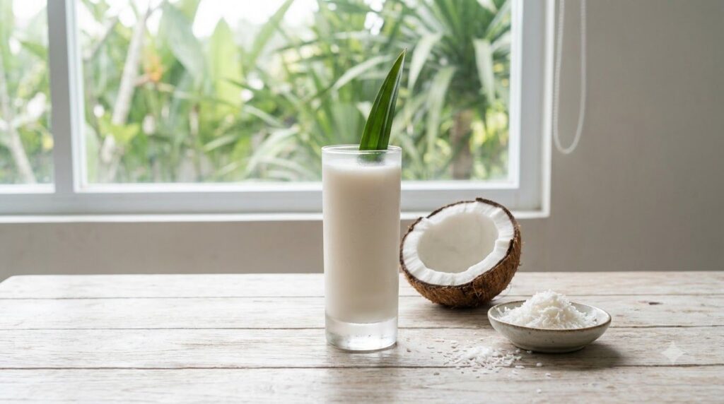 A glass of coconut milk with a fresh coconut and some shredded coconut