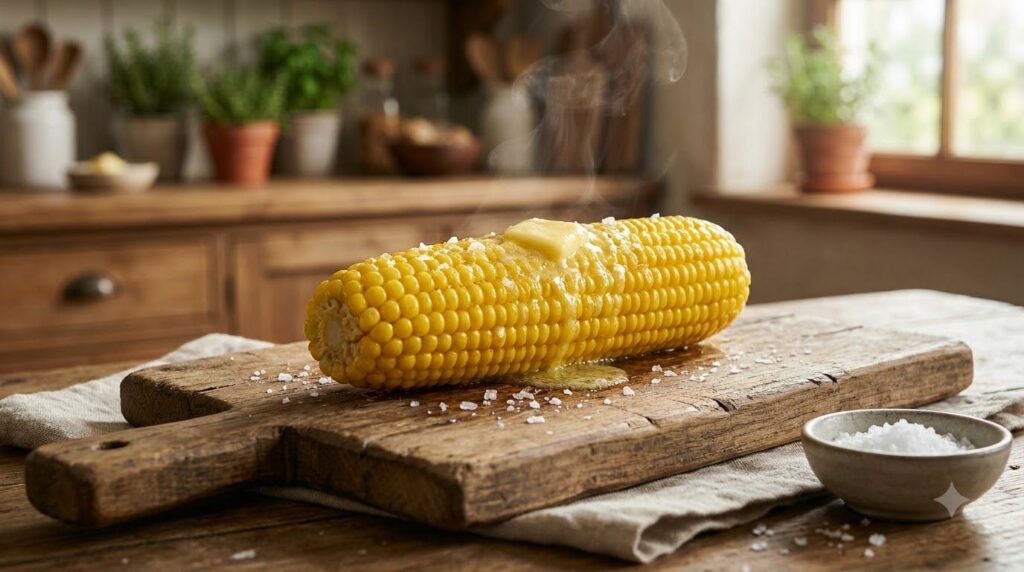 Freshly boiled corn on the cob glistening with melted butter served on a rustic wooden board