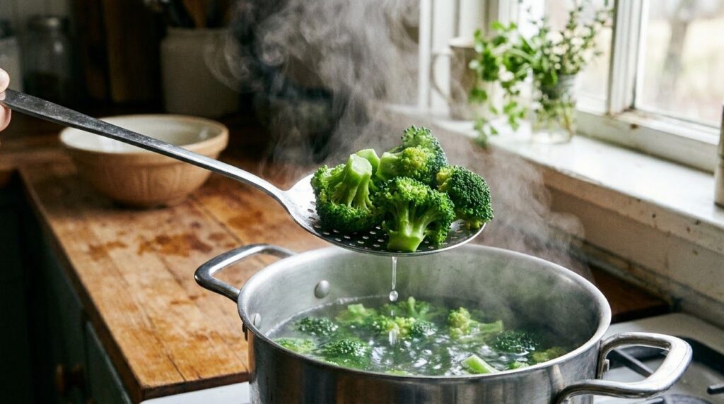 A close-up shot of vibrant green broccoli florets being removed from a pot of boiling water with a slotted spoon with st