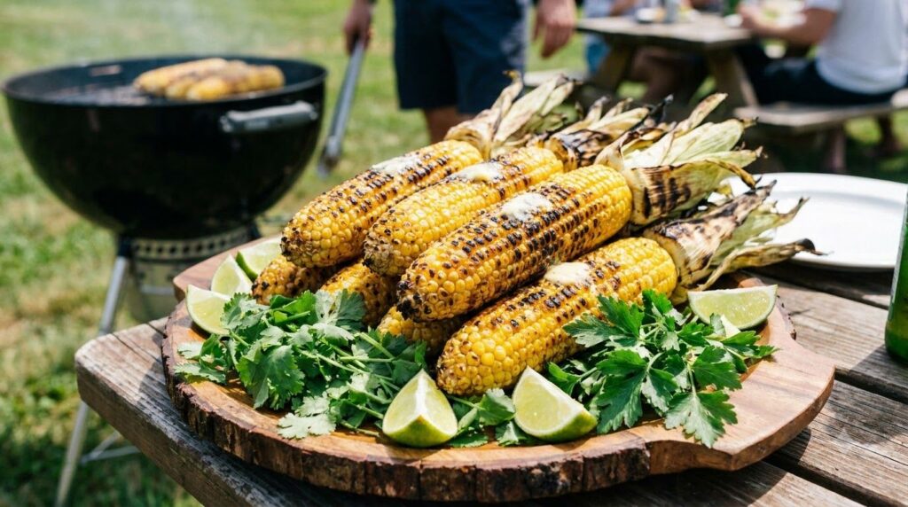 Grilled corn on the cob with visible char marks served fresh off the grill with a sprinkle of herbs