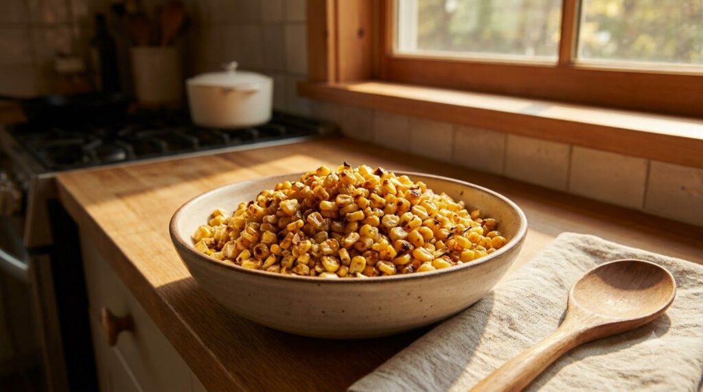 Roasted corn kernels in a bowl showing slight browning and a tender texture ready to be served
