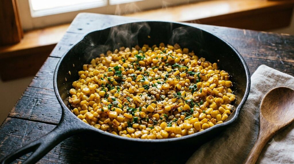 Sautéed corn kernels in a cast iron skillet with garlic and herbs steaming gently