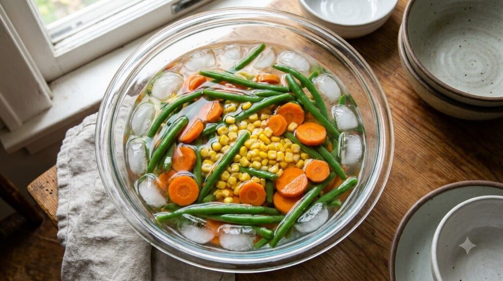 A large bowl filled with ice water and various brightly colored blanched vegetables such as green beans carrots and corn