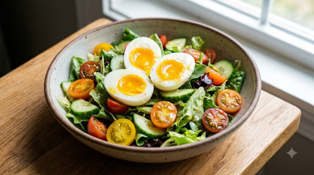A vibrant salad with sliced jammy boiled eggs on top accompanied by fresh vegetables and a light dressing