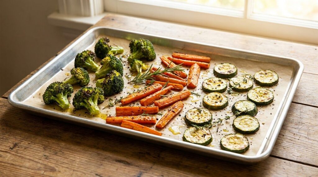 Colorful roasted vegetables broccoli carrots zucchini seasoned with herbs and olive oil on a baking sheet ready to serve