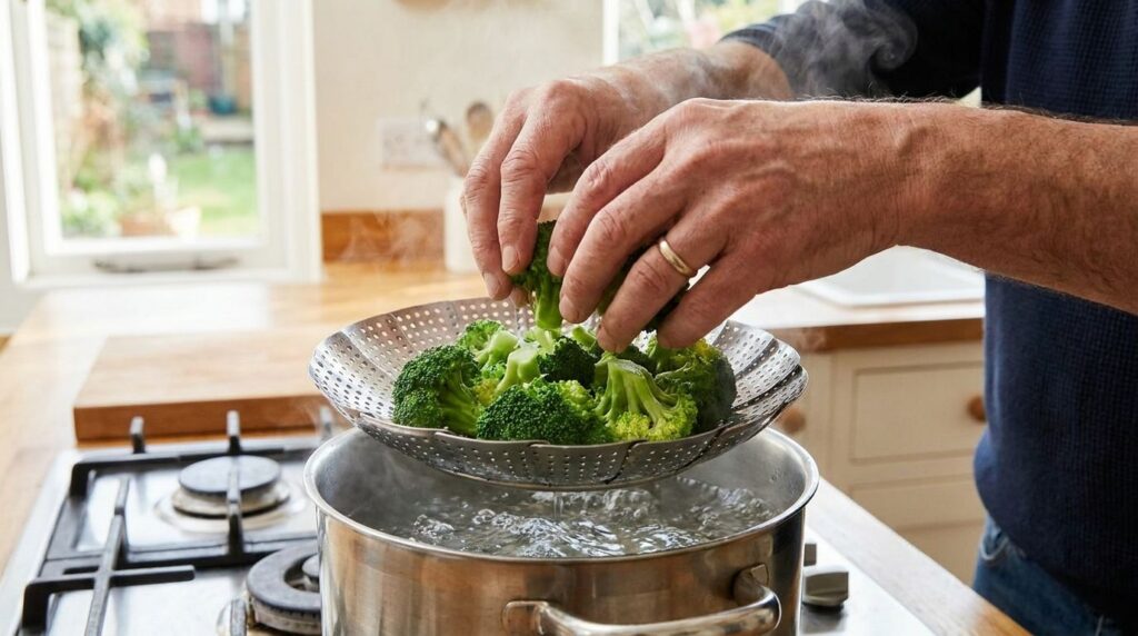 A chef s hands are adding freshly chopped broccoli to a steaming basket over a pot of boiling water steam rising gently 