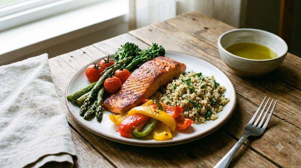 A balanced plate featuring a lean protein source like grilled chicken a colorful array of roasted vegetables and a small