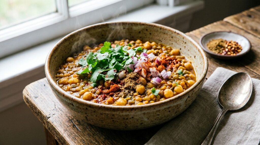 A vibrant bowl of cooked lentils and chickpeas garnished with fresh herbs ready to be served