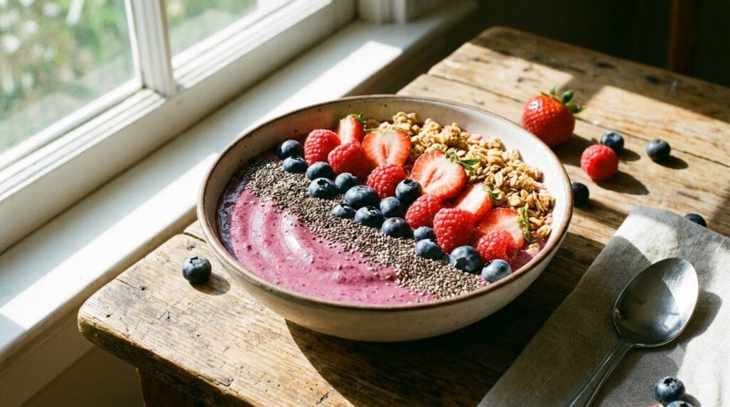 A refreshing smoothie bowl topped with chia seeds fresh berries and granola indicating a healthy breakfast option