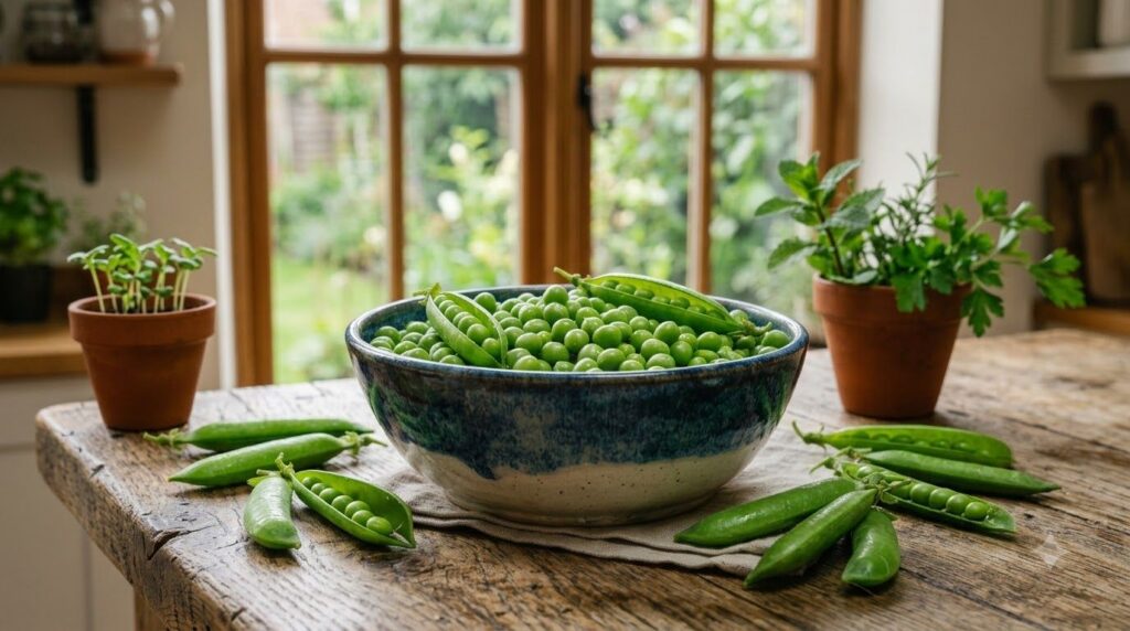 A vibrant bowl of green peas with some pods illustrating the freshness and abundance of this protein-rich legume